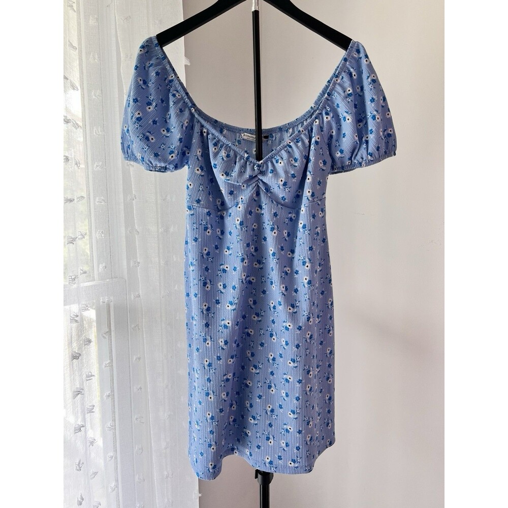 Womens Stradivarius Floral CottageCore Dress L  Blue Floral Texture Short Sleeve